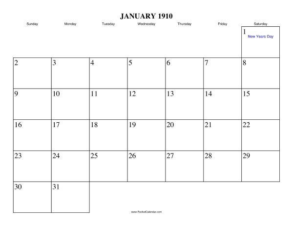 January 1910 Calendar