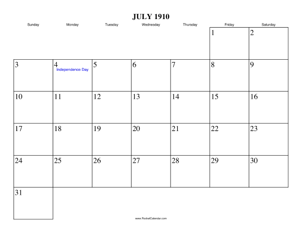 July 1910 Calendar
