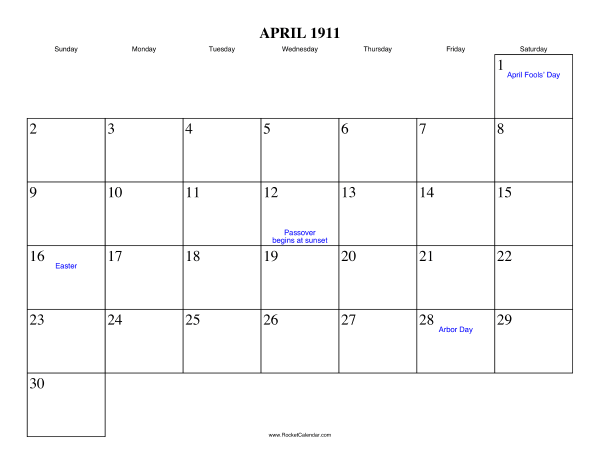 April 1911 Calendar