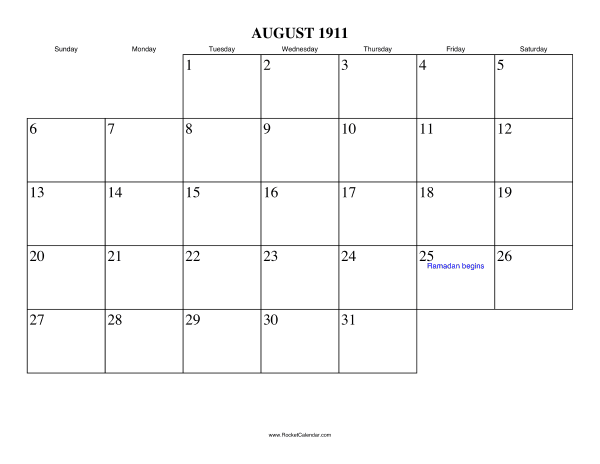 August 1911 Calendar