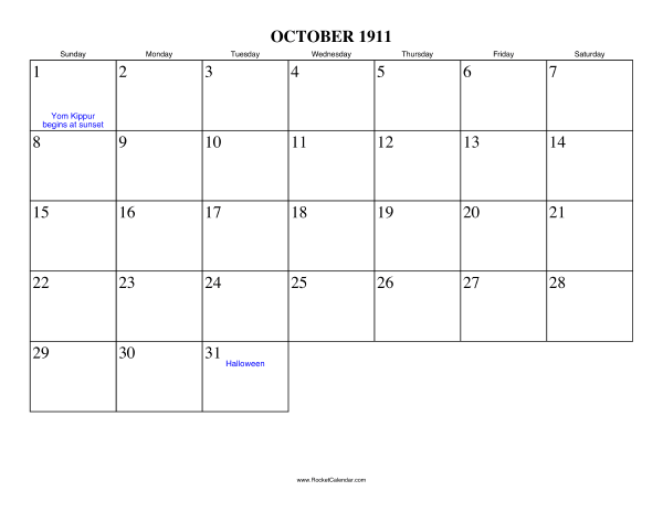 October 1911 Calendar
