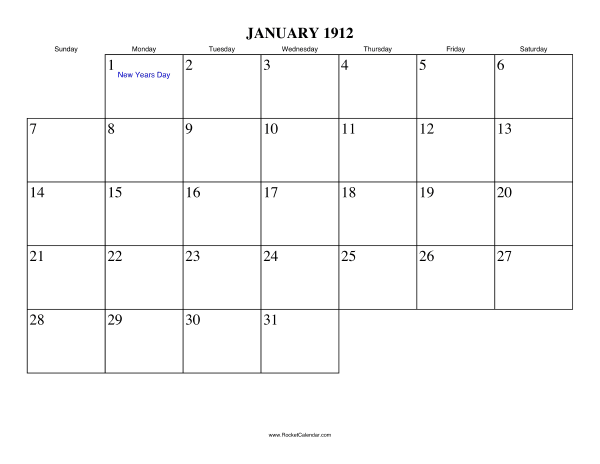 January 1912 Calendar