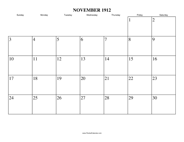 November 1912 Calendar