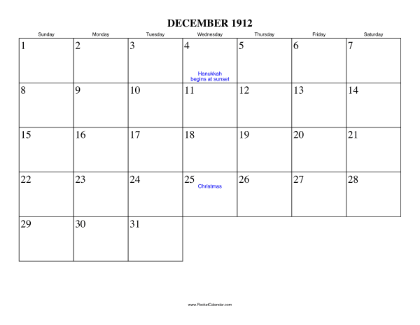 December 1912 Calendar