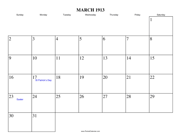 March 1913 Calendar