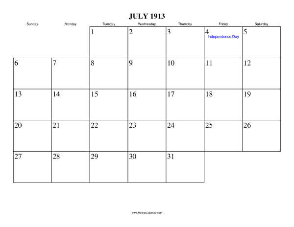 July 1913 Calendar