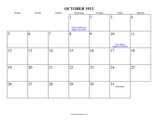 October 1913 Calendar