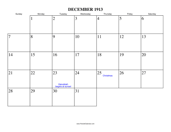 December 1913 Calendar
