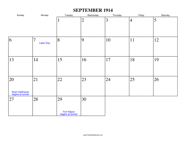 September 1914 Calendar