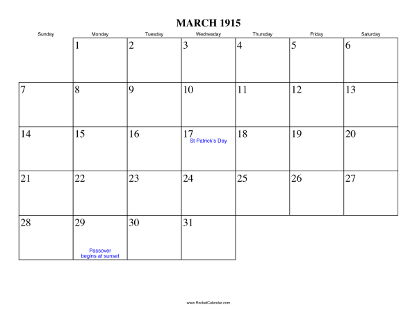 March 1915 Calendar