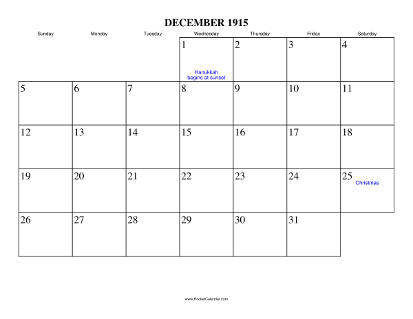 December 1915 Calendar