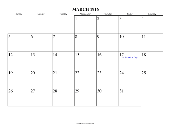 March 1916 Calendar