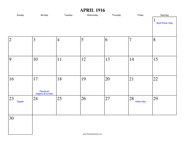 April 1916 Calendar