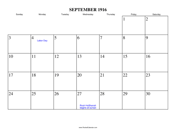 September 1916 Calendar
