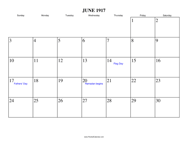 June 1917 Calendar