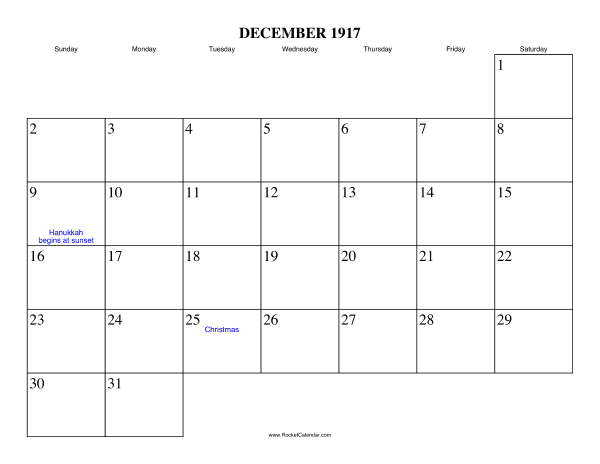 December 1917 Calendar