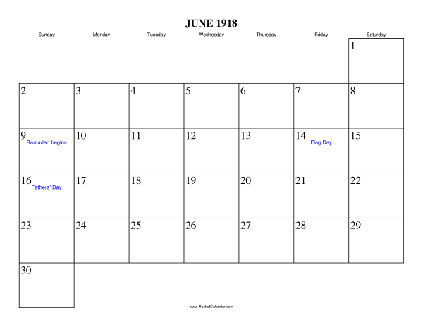 June 1918 Calendar