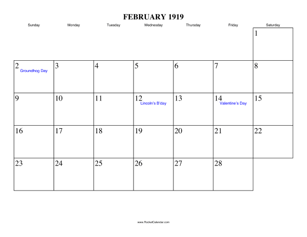 February 1919 Calendar