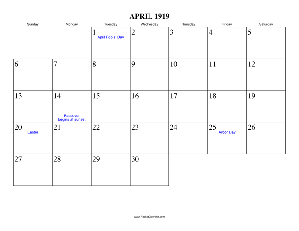 April 1919 Calendar