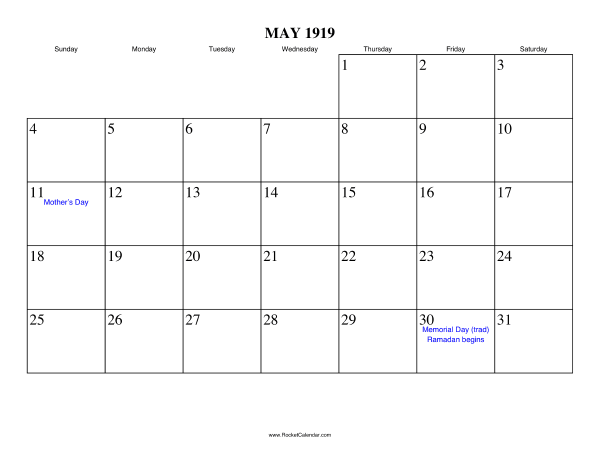 May 1919 Calendar