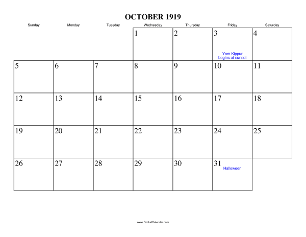 October 1919 Calendar