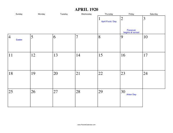 April 1920 Calendar