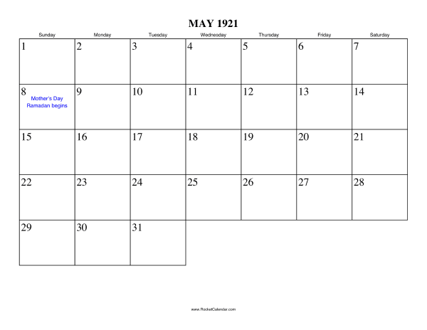 May 1921 Calendar