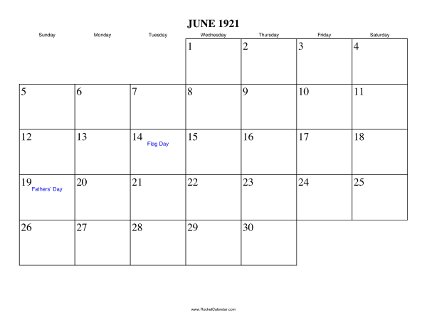 June 1921 Calendar