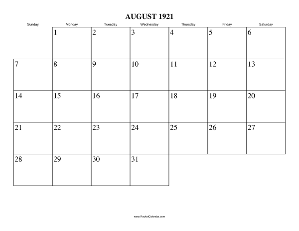 August 1921 Calendar