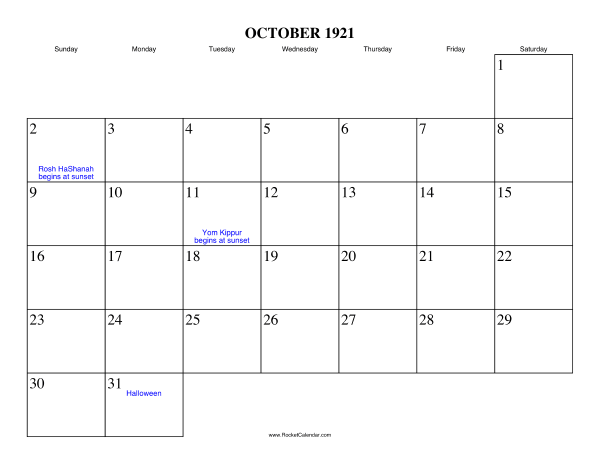 October 1921 Calendar