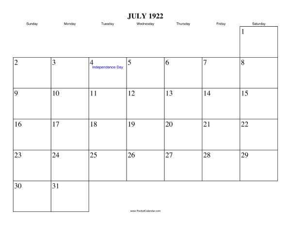 July 1922 Calendar