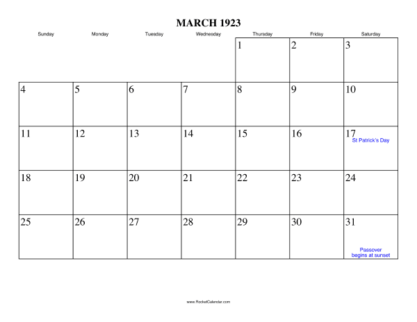 March 1923 Calendar