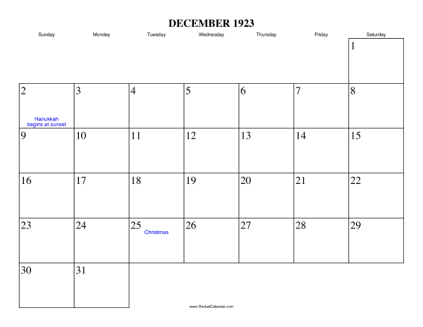 December 1923 Calendar