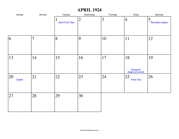 April 1924 Calendar