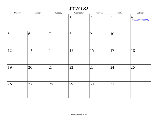 July 1925 Calendar