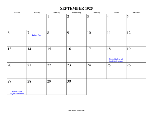 September 1925 Calendar