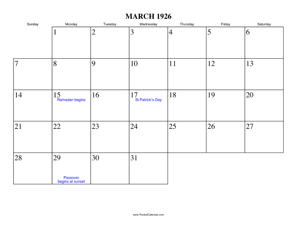 March 1926 Calendar