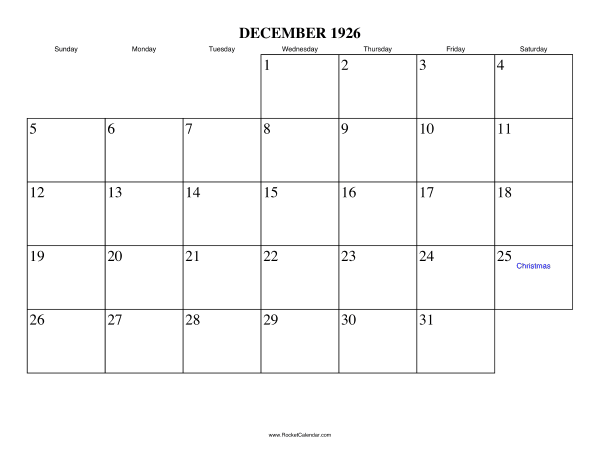 December 1926 Calendar