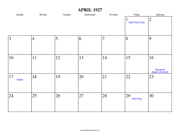 April 1927 Calendar