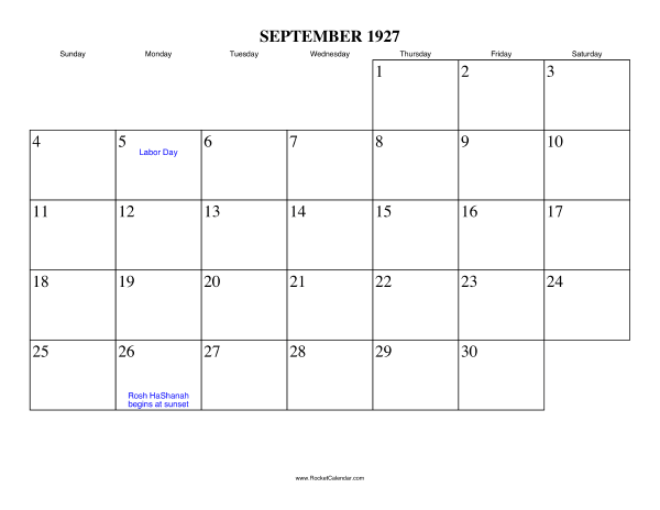 September 1927 Calendar