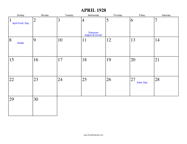 April 1928 Calendar