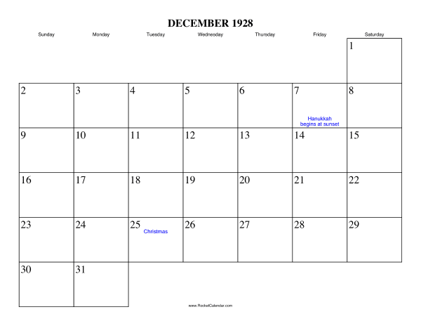 December 1928 Calendar