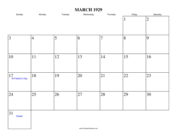 March 1929 Calendar