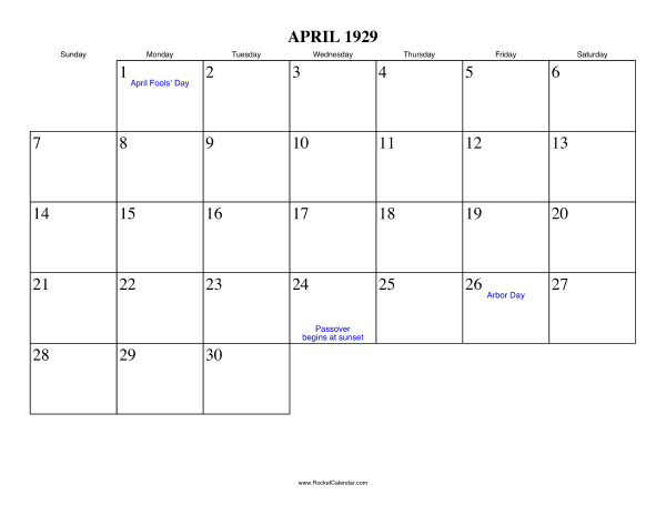 April 1929 Calendar