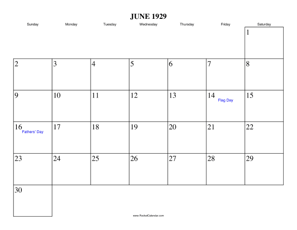 June 1929 Calendar