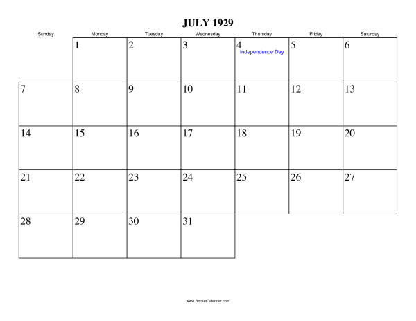 July 1929 Calendar