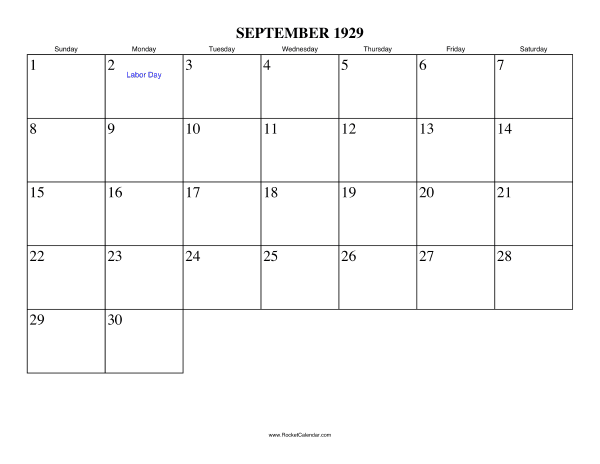 September 1929 Calendar