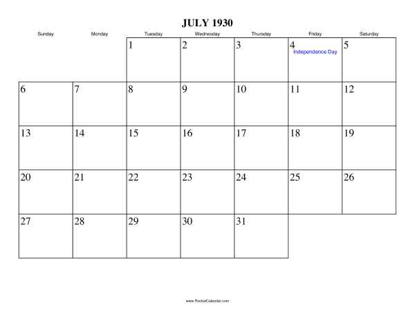 July 1930 Calendar