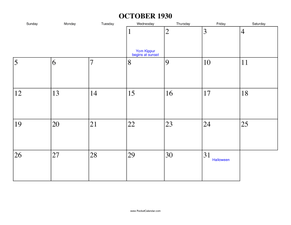 October 1930 Calendar