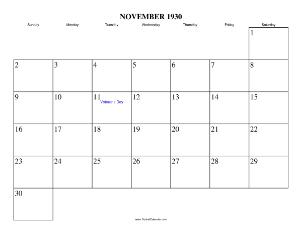 November 1930 Calendar